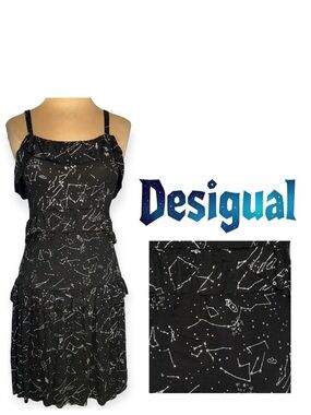 DESIGUAL black slip dress with silver sparkle outer space star constellations S